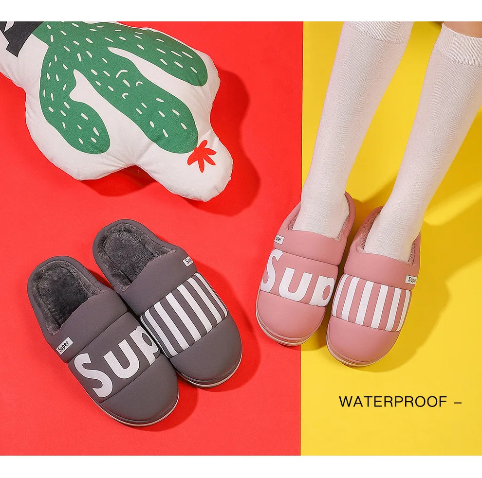 ASIFN Male Slippers with Fur Indoor Cotton Winter Men Waterproof Non-slip Warm Home Half-pack Female Slippers Couple