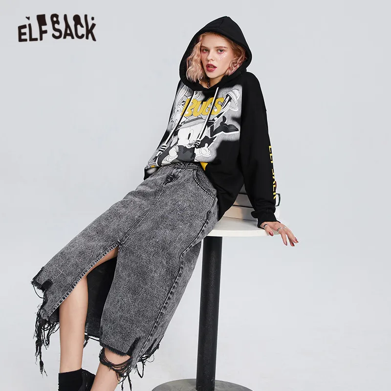 ELFSACK Harajuku Black Cartoon Print Casual