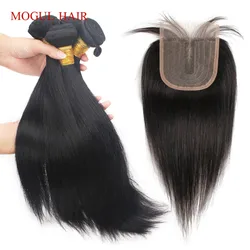 Remy Human Hair Bundles with 4x1 T Lace Closure Black Middle Part 10-30 inch Cheap Quality Hair Weave Extensions Mogul Hair