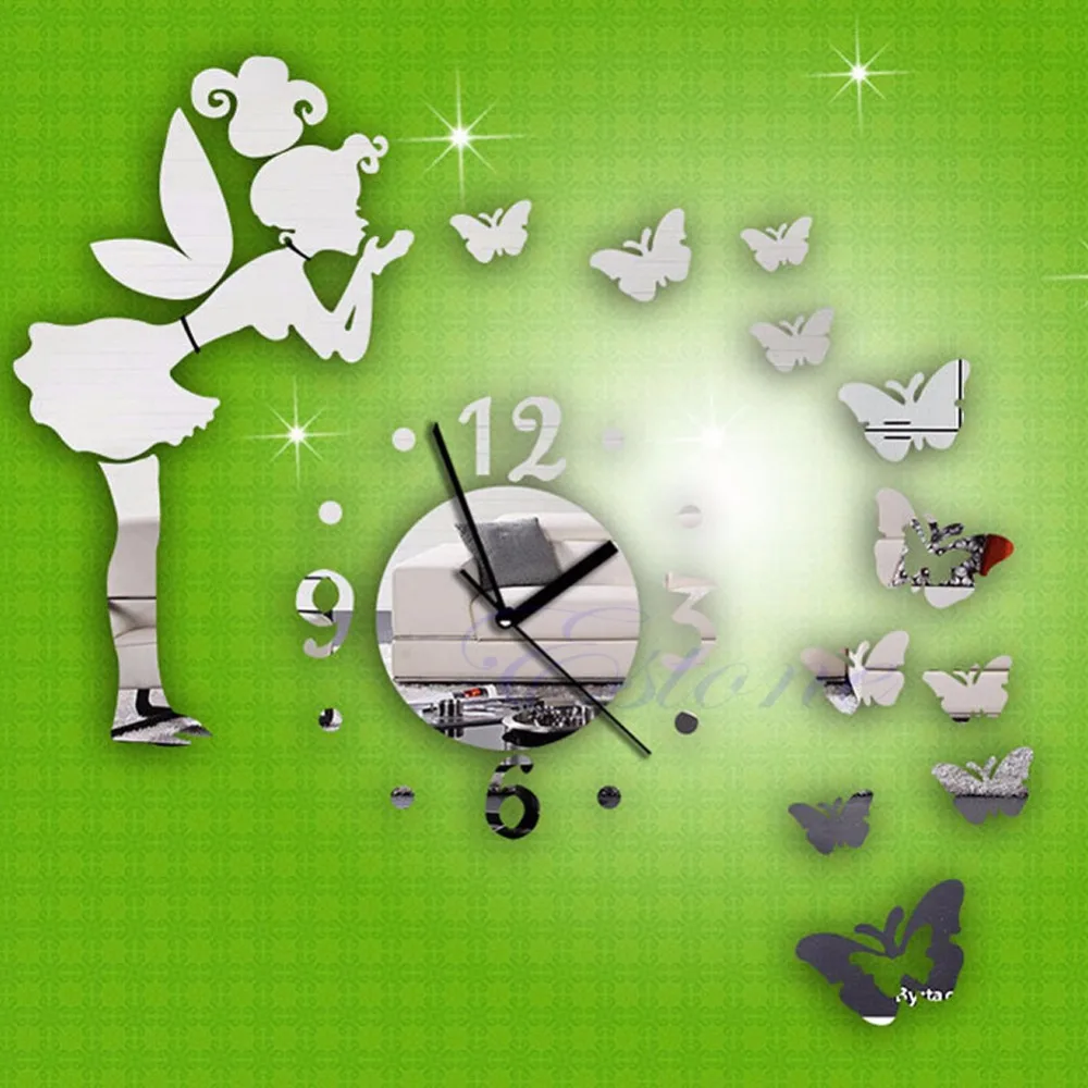 

1 set Acrylic Mirror Angel Silver Removable Decal Wall Clock Sticker Home Decor