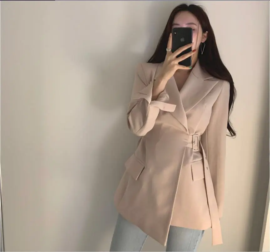 

2019 Spring And Autumn New Style INS Suit Jacket Women's Korean-style Waist Hugging Slimming Lace-up Online Celebrity Versatile