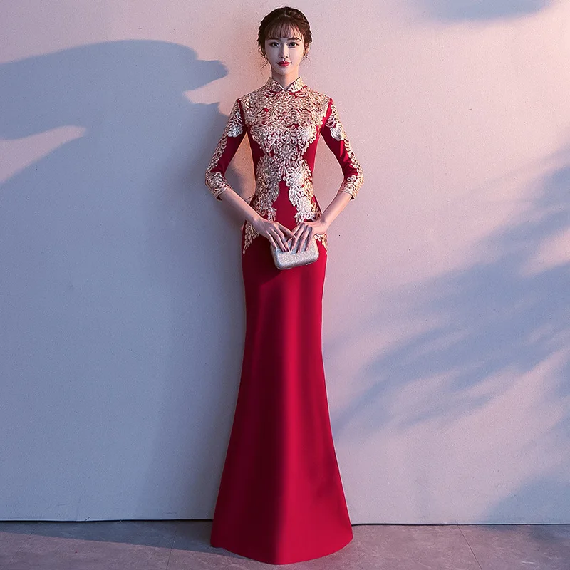Chinoise Вышивка Русалка длинное Cheongsam красное Восточное вечернее китайское платье-Ципао современные элегантные тонкие платья китайское свадебное платье - Цвет: wine red long