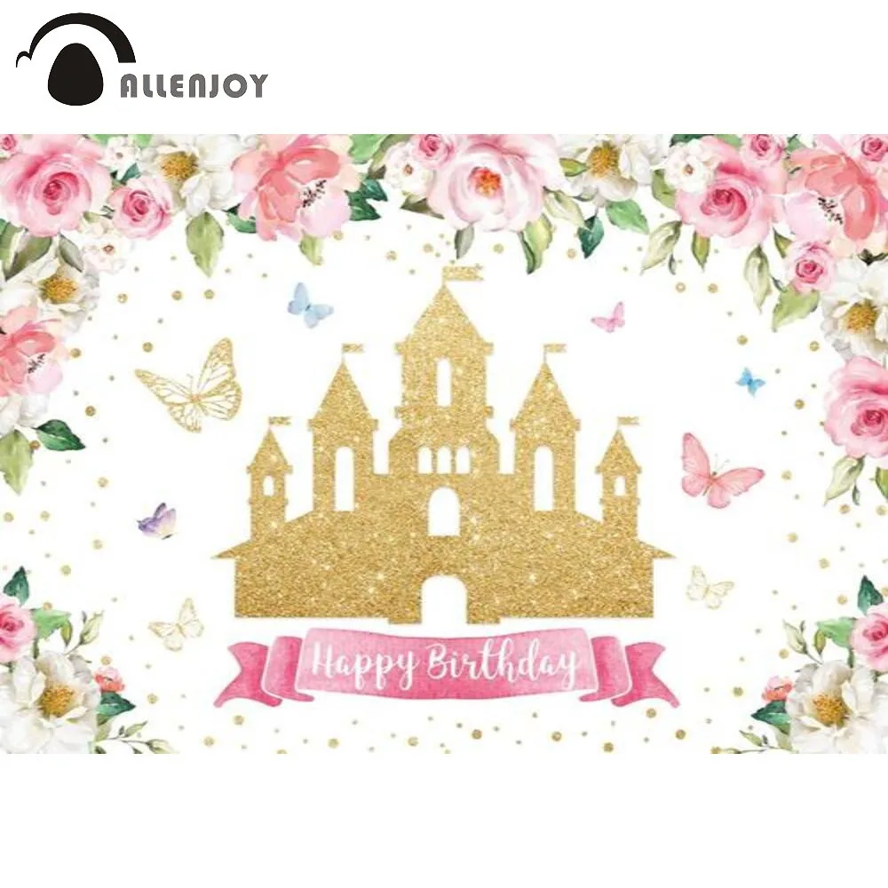 

Allenjoy Happy Birthday Backdrop Golden Castle Pink Girl Princess Decoration Butterfly Flowers Background Photography Photophone