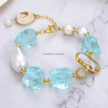 

GG Jewelry Cultured White Keshi Pearl Biwa Pearl gold color plated Blue Glass Rough Bracelet 8" handmade