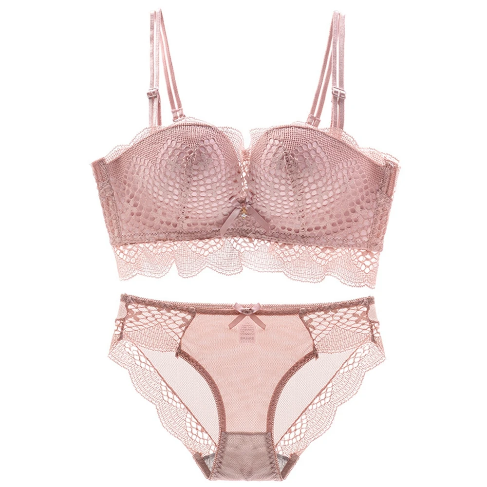 Розовый One-piece bra Women underwear Sexy Lace Bra Set Push up 3/4 Cup Soft No Rims Solid Colors Back Closure lingerie set - Цвет: Розовый