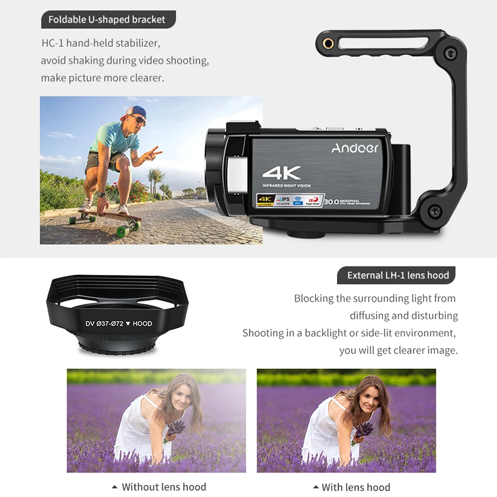 Andoer 4K WiFi DV рекордер Цифровая видеокамера 30MP 16X цифровой зум с батареями широкоугольный объектив микрофон