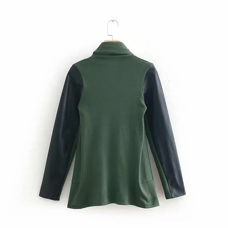 

2019 Spring New Style WOMEN'S Dress Non-symmetrical Leather Sleeve Joint Knitted Cardigan Casual Versatile Coat Tops
