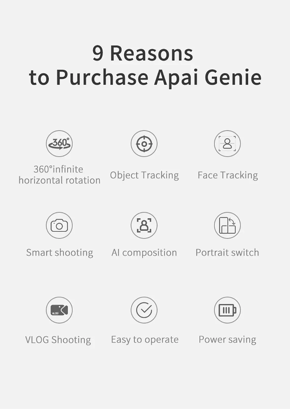 Apai Genie Auto Smart Shooting Selfie Stick 360° Object Tracking Holder All-in-one Rotation Face Tracking Camera Phone Holder (Black)