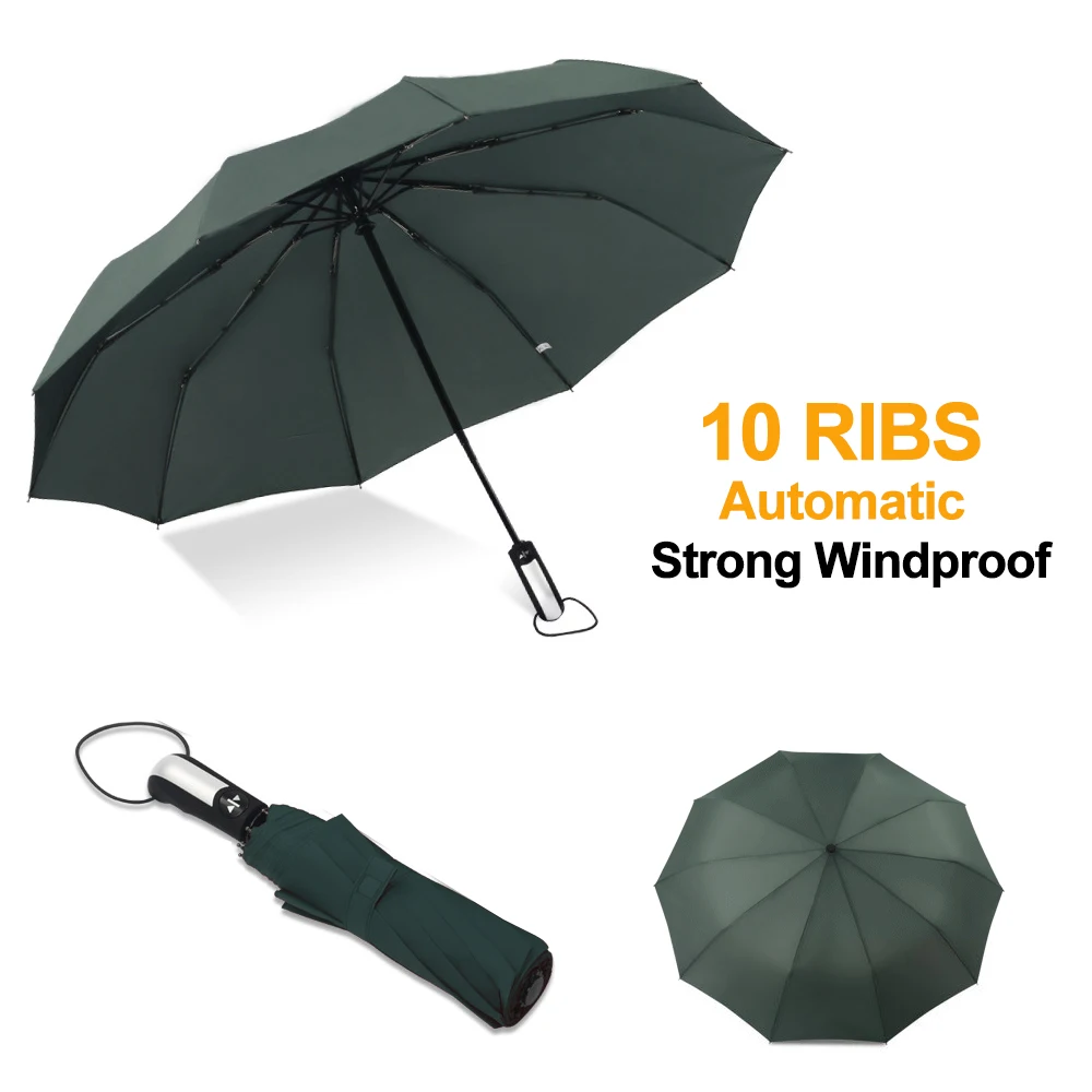 Полностью автоматический мужской зонт с защитой от ветра, 10 ребер, складной черный зонт для путешествий, большой модный большой зонт от дождя, подарок для женщин - Цвет: green