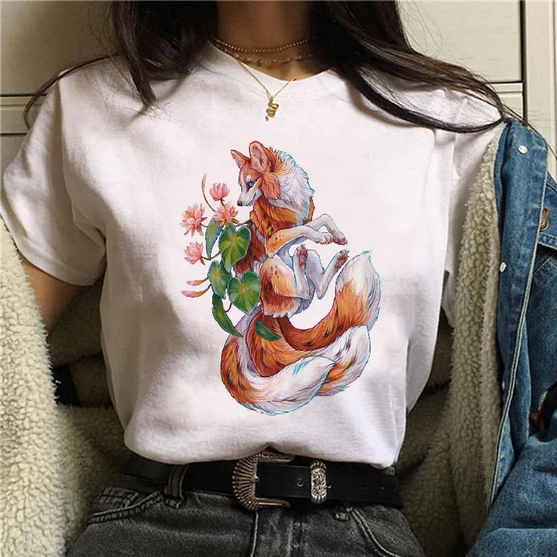 

2021new kawaii fox printed T shirt Women hipster cute T-shirt female Fashion seasons Harajuku white 0-neck tops Tshirt clothing