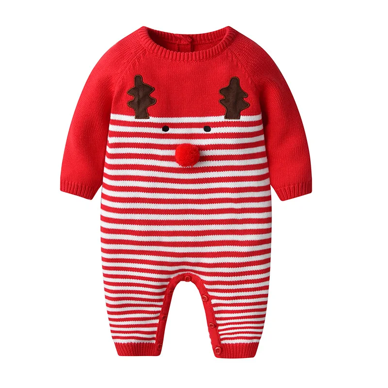 

Childrenswear Men And Women Baby Knitted Pure Cotton Onesie Newborn Infant Sweater Red Christmas Deer 0-1-Year-Old Romper