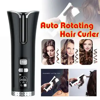 

Auto Cordless Rotating Ceramic Hair Curler USB Rechargeable Curling Iron LED Display Temperature Adjustable Curling Wave Styer