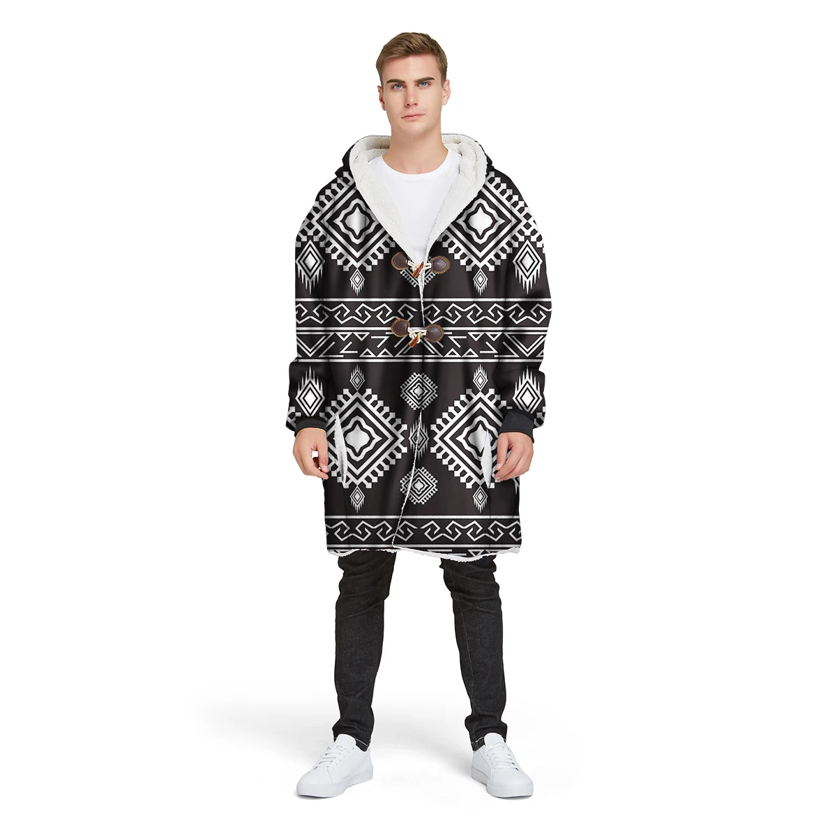 

Customer made 3D print custom design man's Sherpa coat loose long winter plus velvet jacket 100% polyester hooded warm CL41