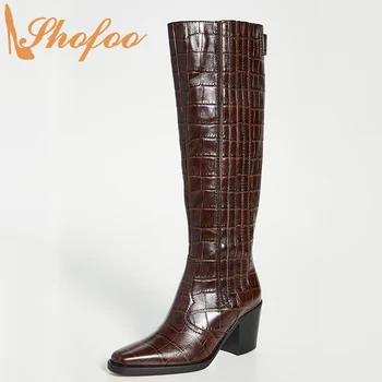 

Chicory Coffee Croc Knee Long Boots High Chunky Heels Elastic Round Toe Shoes Ladies Warm Fashion Mature Large Size 12 16 Shofoo