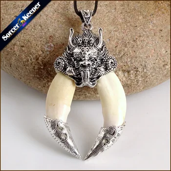 

Men's Horde Amulet Necklace Tibetan Amulet Fangs Real Bone Natural Tooth SilverColor Wolf Tooth Charm Dragon Pendant Necklace