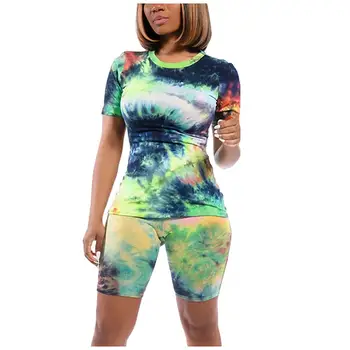

Women Summer Tie-Dyed Sets 2020 New Lady Split 2 Piece Sports Suit Set Casual Short Sleeve T Shirts Elastic Waist Shorts Outfits