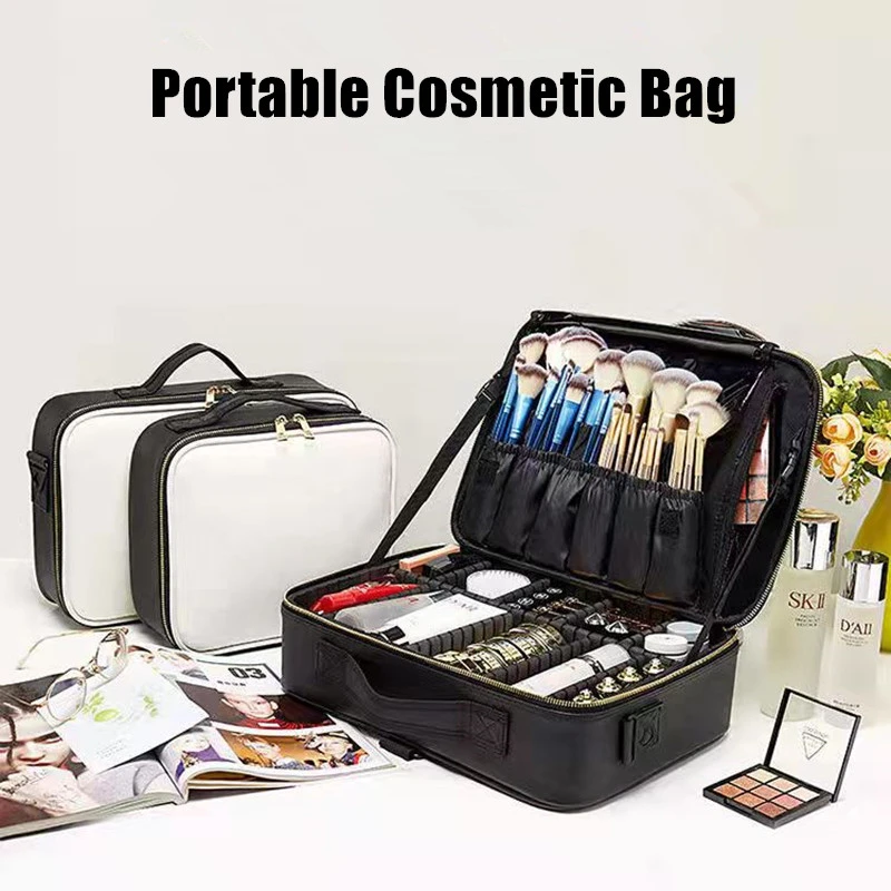 Bolsa de cosméticos de cuero PU de gran capacidad para mujer, Maleta de almacenamiento de maquillaje, Kit herramientas de uñas impermeables, bolso de mano, bolsa de de viaje|Bolsas estuches