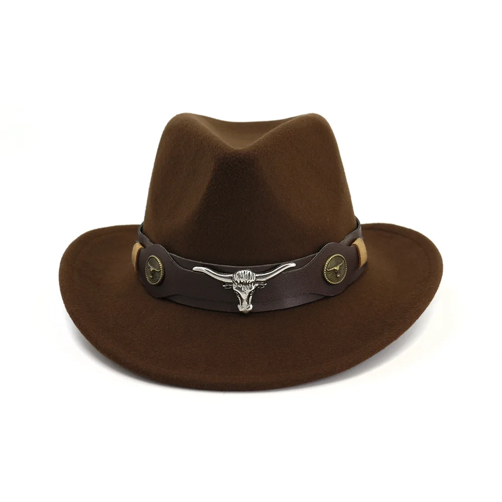 

2020 new western ethnic style cowboy jazz hat, solid color belt metal inlaid cow head curling cap