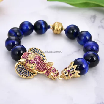 

GG Jewelry 8'' 14mm Blue Tiger Eye Bracelet CZ Pave Elephant Connector
