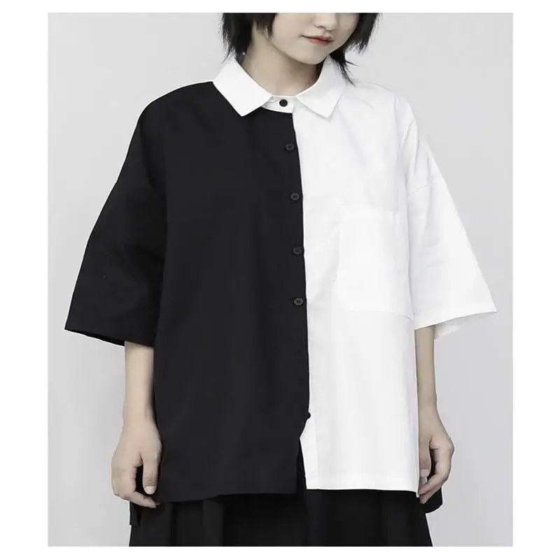 Summer women's new loose black and white symmetrical color splicing design square collar short-sleeved shirt fashion