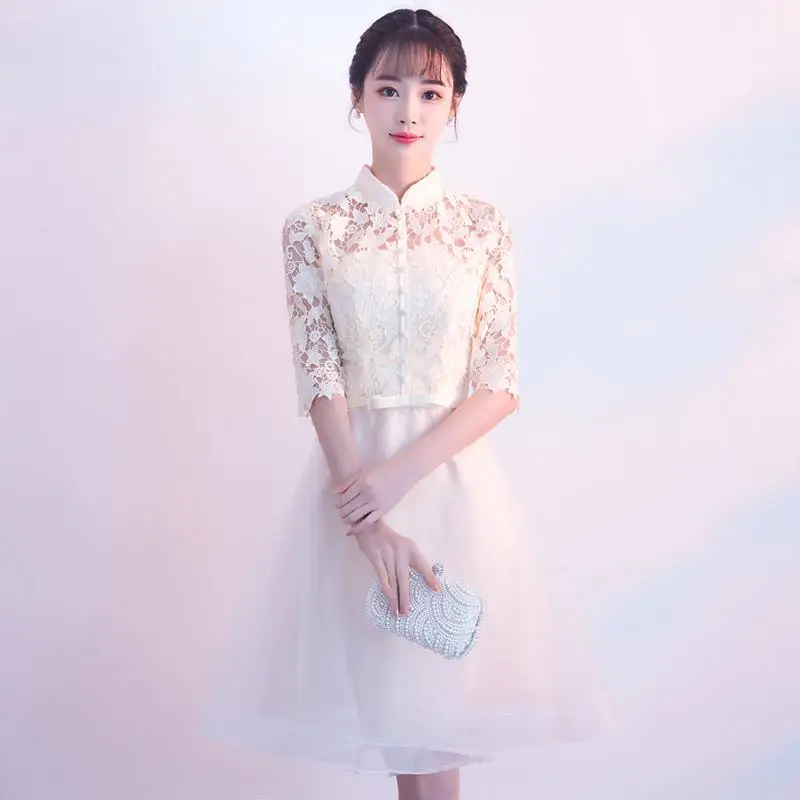 Кремовый кружевные вечерние платья Для женщин невесты Cheongsam с коротким рукавом свадебное Qipao Элегантные короткие платья Роскошные Свадебные платья Vestido XS-XXXL - Цвет: Шампанское