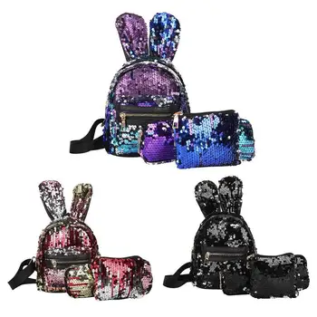 

3pcs/set Mini Sequins School Backpack Women Rabbit Ears Rucksack Shoulder Leather Backpack Mochila Feminina