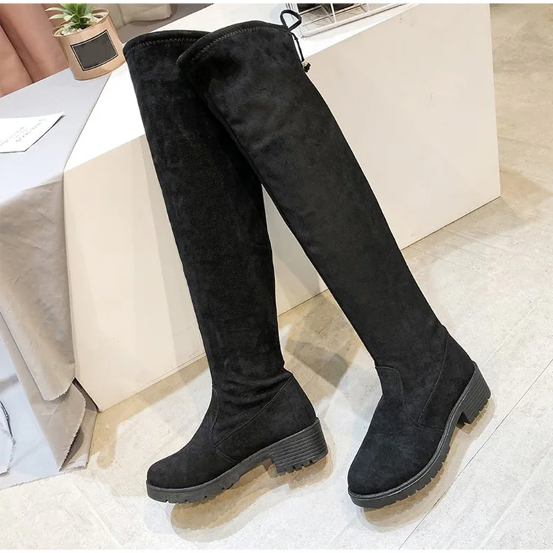 Autumn Women Over The Knee Boots Female Round Toe Platform Casual Footwear Ladies Square Heel Shoes Lace Up Thigh High Boot