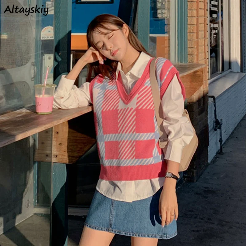 Pink Plaid Sweater Vests Women Sweet Loose Sleeveless Knitted Sweaters  Girls Stylish V-neck Panelled Hipster High Street Student - Sweater Vest -  AliExpress