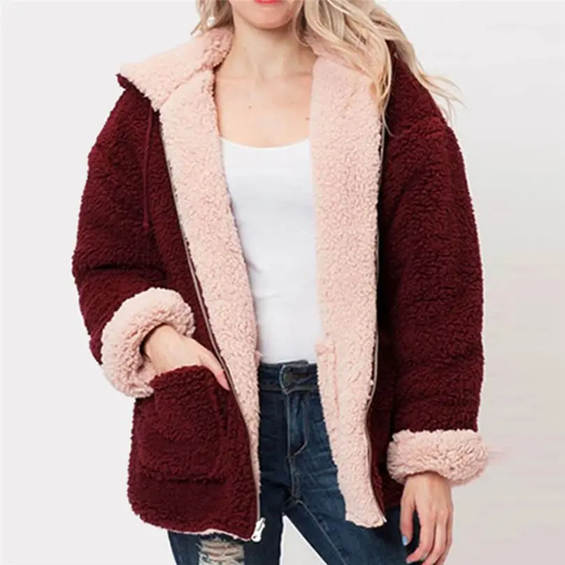 2019 New Winter Reversible Jacket Women Fashion Faux Fur Hooded Plush Zipper Pocket Reversible Coats куртка женская 4A21 (14)