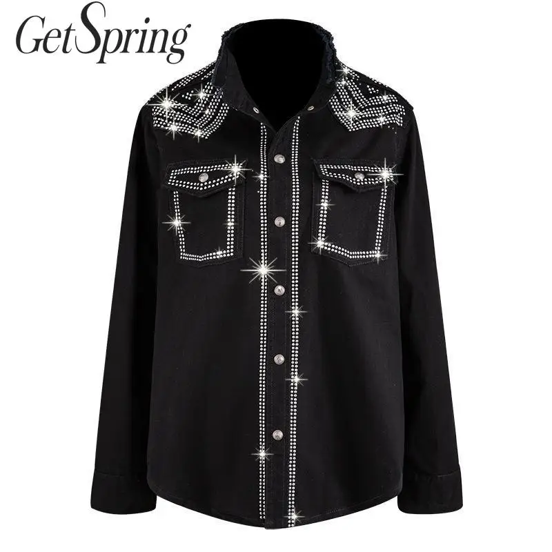 GetSpring женская блузка Черная джинсовая рубашка с длинным рукавом бриллианты