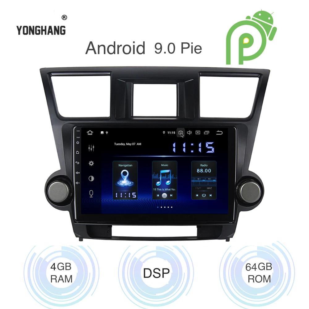 Android 9,0 автомобильный радиоприемник 1 Din gps Navi для Toyota Highlander 2009-2012 PX6 DSP ips экран 4 Гб+ 64 Гб HDMI RDS Wi-Fi BT SWC JBL USB