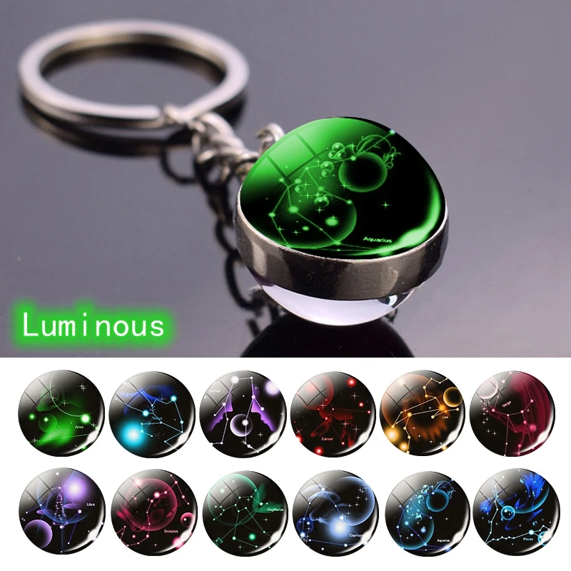 12 Constellation Luminous Keychain Glass Ball Pendant Zodiac Keychain Glow In The Dark Key Chain