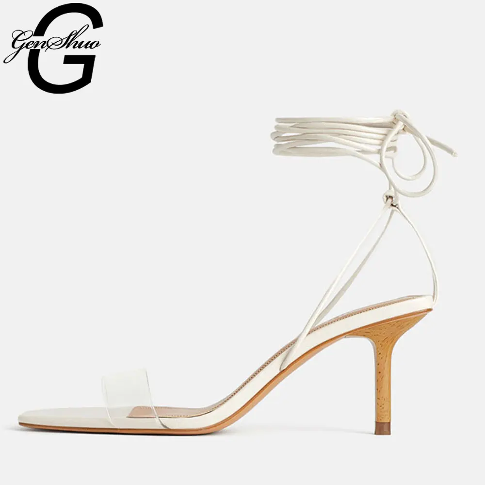 

GENSHUO Strappy Heels Sandals Clear Open Toe Simple White High Heels Ankle Strappy Shoes Woman Sexy Women's Summer Shoes 2020