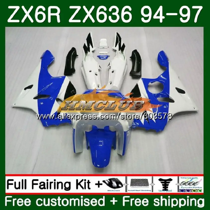Корпус для KAWASAKI ZX 636 600CC ZX-636 ZX6R 94 95 96 97 104CL. 77 ZX636 ZX-6R ZX600 ZX 6R 1994 1995 1996 1997 обтекатель белого и синего цвета