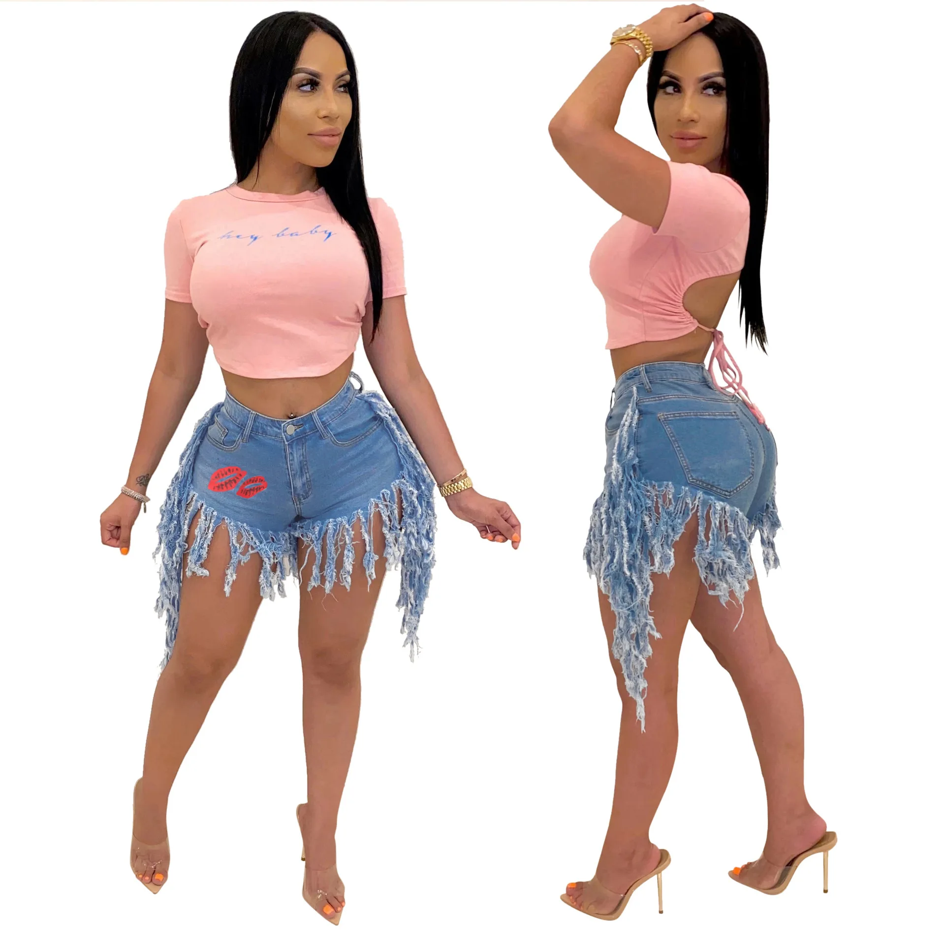 2021 New Women Sexy Tassel Fringe Embroidered Lips Stretch Denim High Waist Short Jeans Shorts