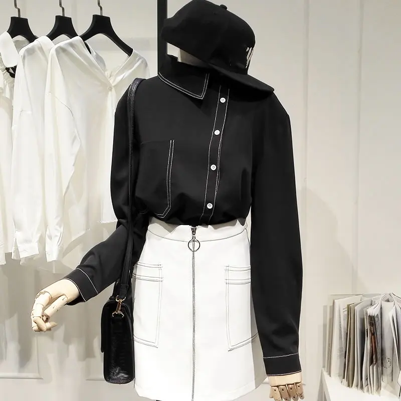  XITAO Match All Elegant Black Shirt Fashionable Skew Collar Irregular Pocket Blouse Top Clothes 201