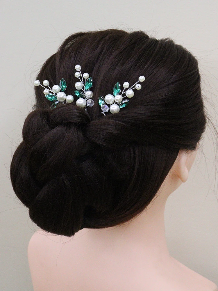 Bohe Blue Green Rhinestone Hair Pins 3PCS Women Headpieces Birde Headdress for Hair Clips Pearls Bridal Wedding Accessories