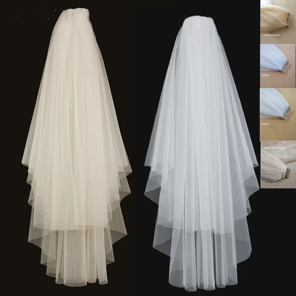 

Champagne White Ivory light Champagne Elegant Bridal Veils 2 layer With Comb Cut Edge Soft net Wedding Veil Wedding Accessories