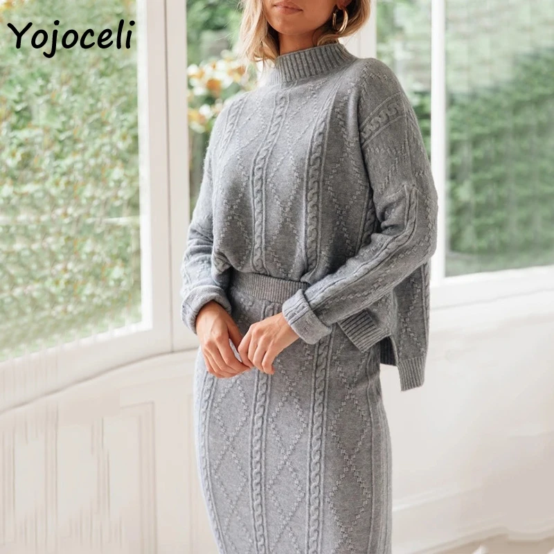 Осенне зимнее теплое вязаное платье Yojoceli 2019 Женский комплект из двух частей с