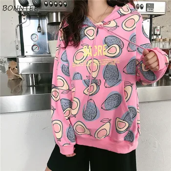 

With Hat Hoodies Women Korean 2020 Spring Thin Loose Sweet Cartoon All-match Pullovers Kawaii Chic Pink Woman Clothes Large Size
