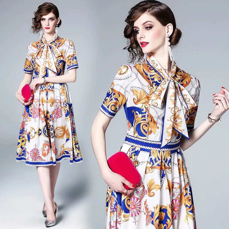 

Photo Shoot Europe And America 2019 New Style Palace Style Crew Neck Bow Bandage Cloth Printed Short Sleeve High-waisted Dress