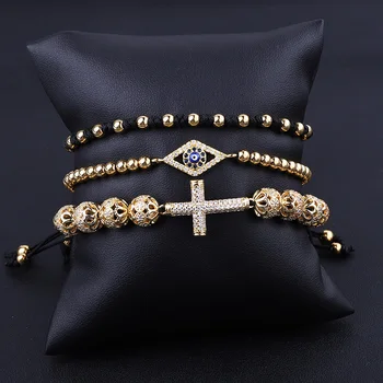 Jaravvi High Quantity Stainless Steel Beads CZ Eye Cross Charm Braided Macrame Friendship Bracelet Set Men
