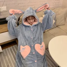 Winter Nightgowns Women Thick Coral Velvet Kawaii Rabbit Ears Pocket Girls Homewear Korean Sweet Femme Sleepshirts Nightdress
