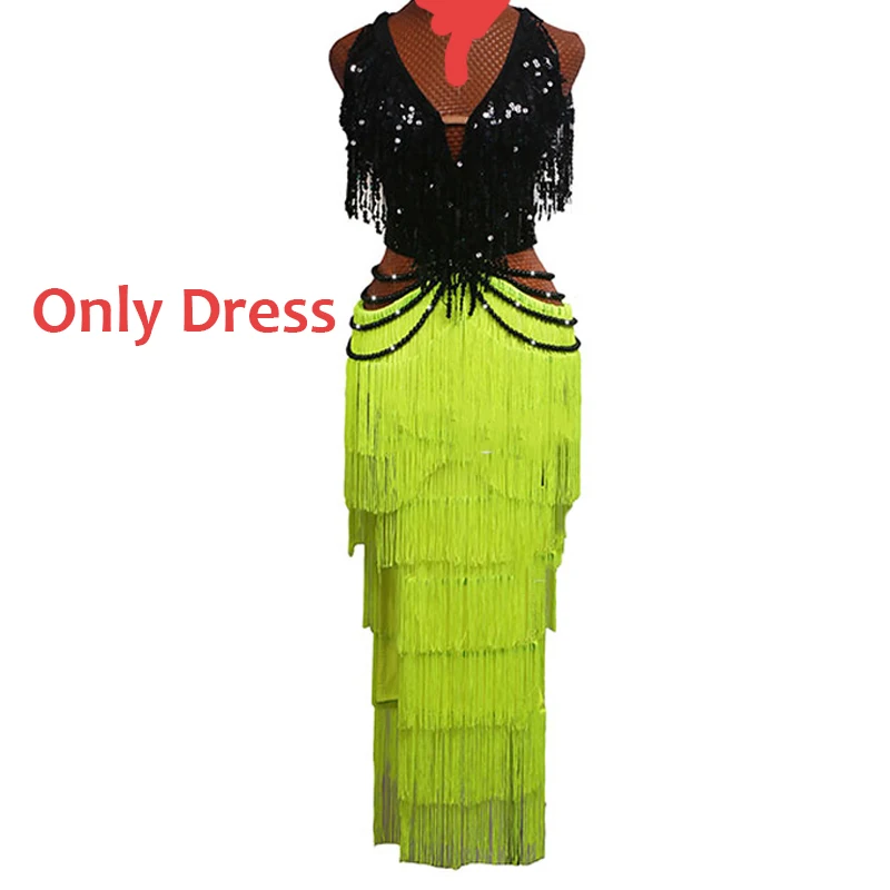 Only Dress B Сексуальное платье для латинских танцев, танцевальные топы с блестками, флуоресцентная желтая юбка с бахромой, женское платье для самбы BL3003 - Цвет: Only Dress B
