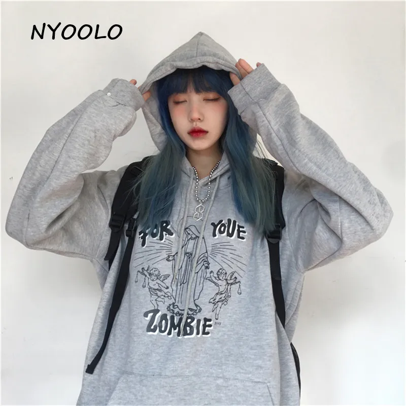 NYOOLO Vintage streetwear angel graffiti letters print warm hoodies Autumn winter hooded pullovers fleece sweatshirt women men