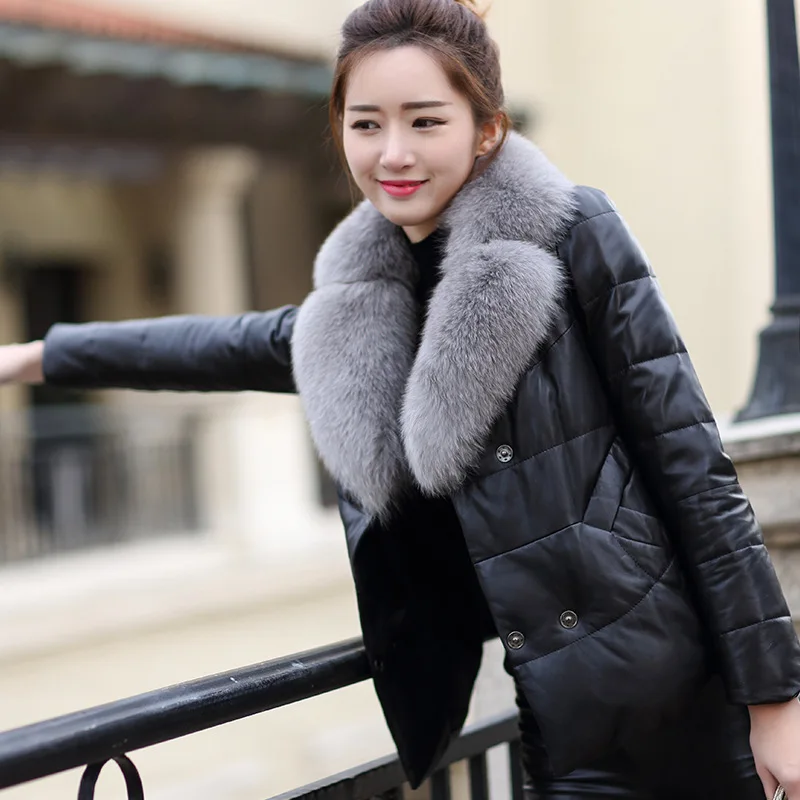 100% Natural Sheepskin Coat Female Winter Real Fox Fur Collar Duck Down Jacket Women Korean Genuine Leather Jackets Hiver | Женская