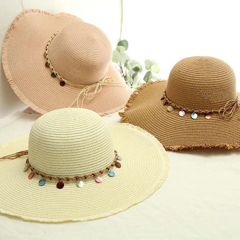 

2020 Summer Women's Holiday Colorful Shell Bow Sunscreen Shade Wild Foldable Hat Big Brim Fisherman Hat Straw Hats Beach Sun Hat