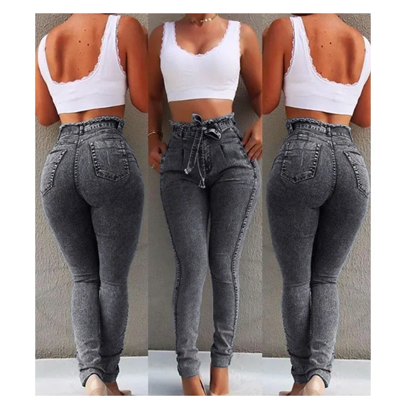 spring and autumn women's large size high waist elastic ladies jeans button tassel loose denim casual feet Ms slim jeans