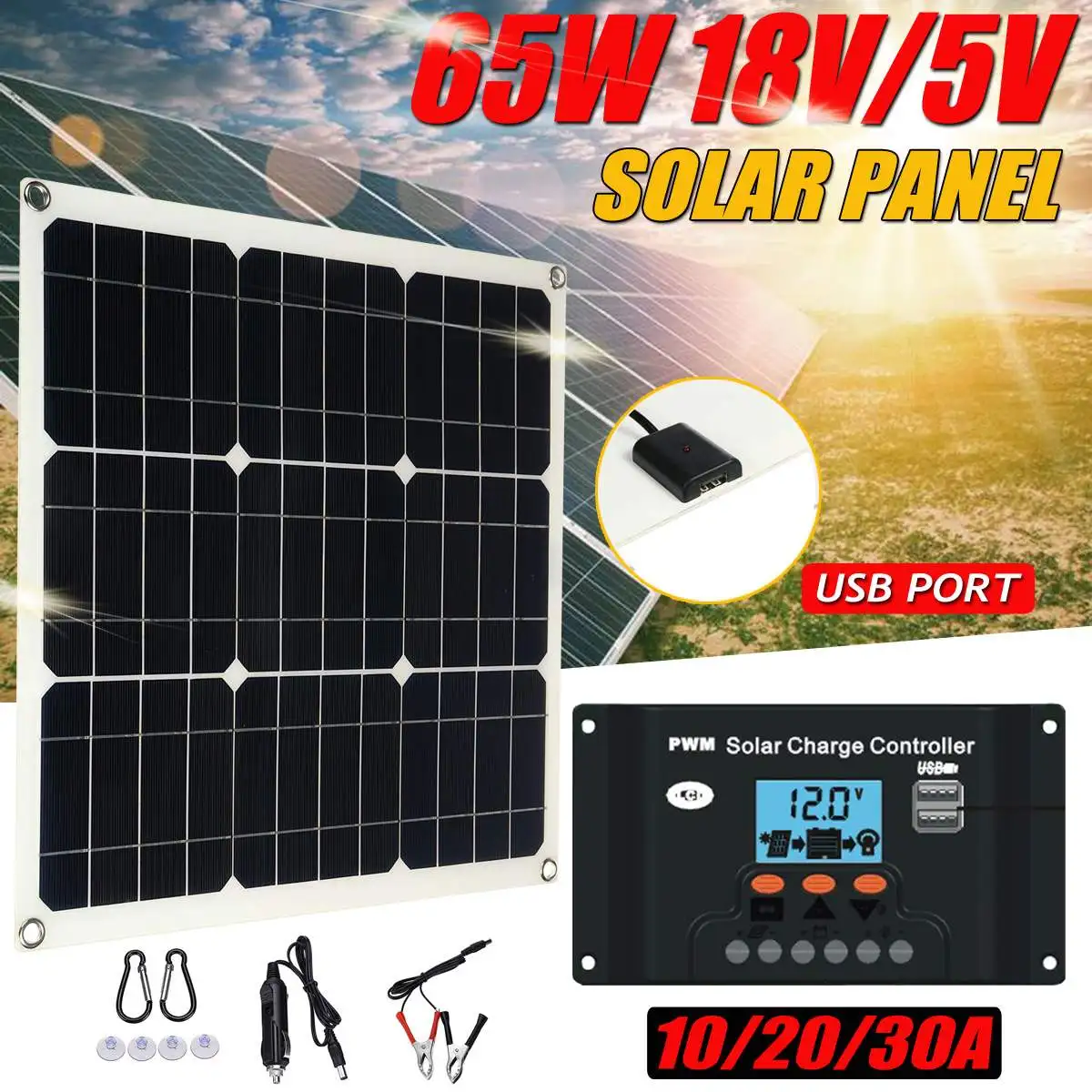 

New 65W USB 5/18V Solar Panel with Car Charger + 10/20/30/40A USB Solar Charger Controller for Outdoor Camping LED Light