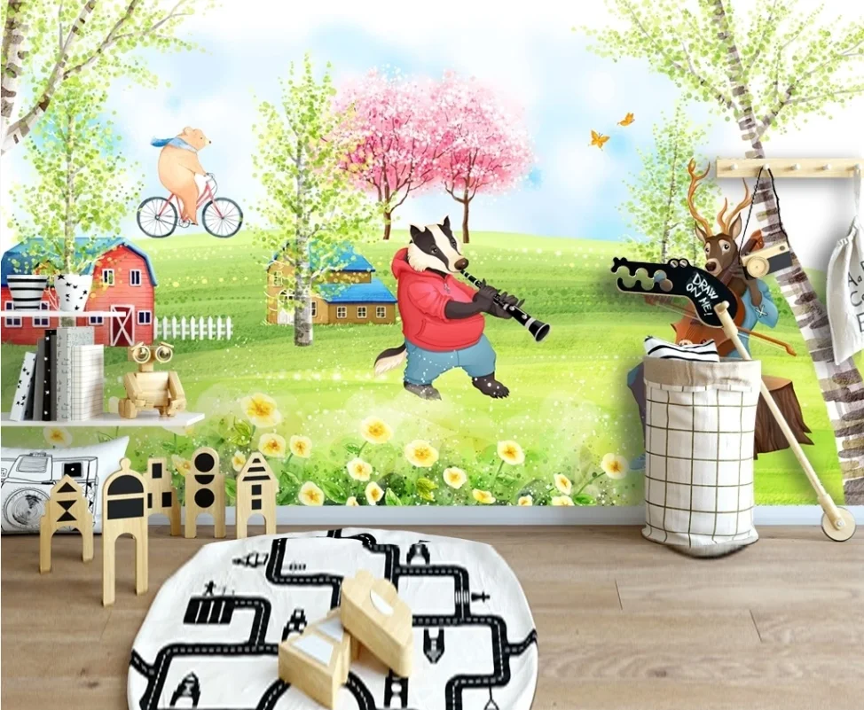 XUE SUCustomized large mural wallpaper Nordic creative hand-painted illustration animal children's room background wall